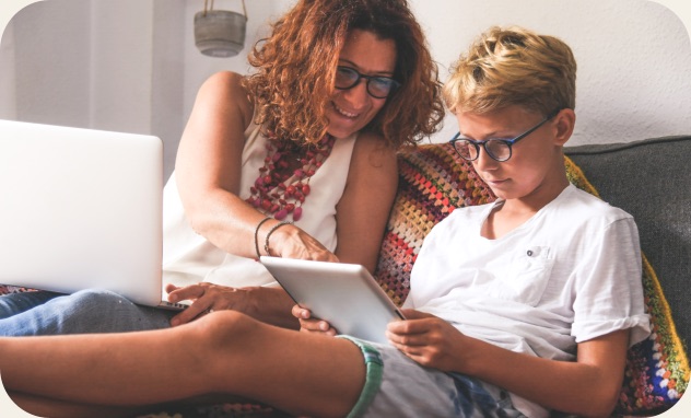 Parent and child learning together with a tablet
